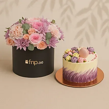 Premium Black Box Flower Arrangement With Chocolate Macaron Cake: Gift Set 