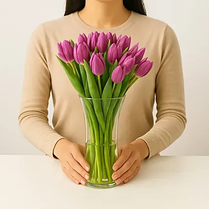 Purple Tulips in Glass Vase: Gifts Delivery Abu Dhabi