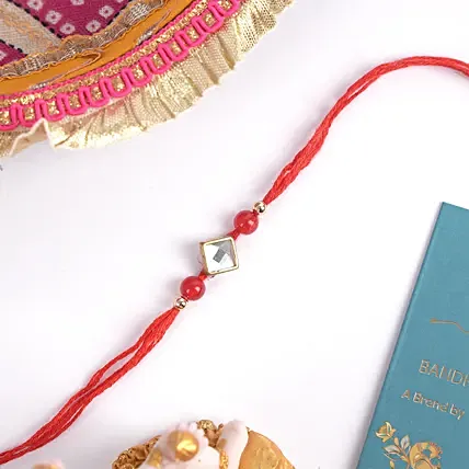 Red Thread Square Design Rakhi: Rakhi