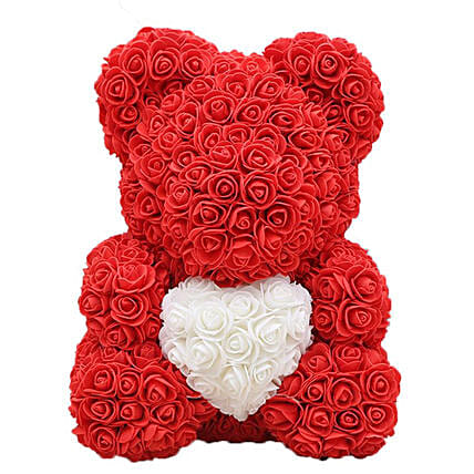 Rose Cuddle Artificial Teddy With White Heart 33Cm: Rose Teddy Bears