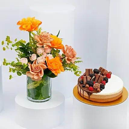 Roses Arrangement with Chocolate Feast Cake: Chinese New Year Gifts