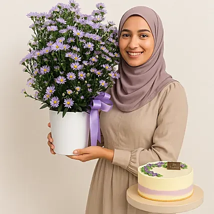 Aster Flower and Cake Combo: Purple Flower Bouquets