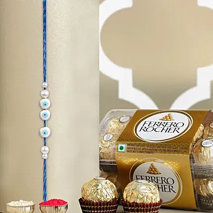 Simplistic Blue Evil Eye Rakhi N Ferrero Delights: Pearl Rakhi