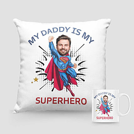 Superhero Caricature Cushion And Mug For Dad: Personalised Caricatures