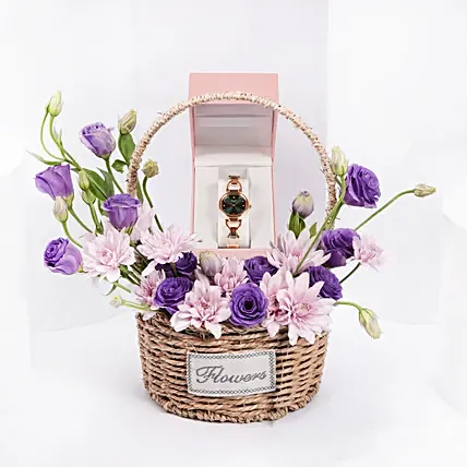 Titan Green Dial Watch with Fresh Floral Basket For Her: Branded Gifts