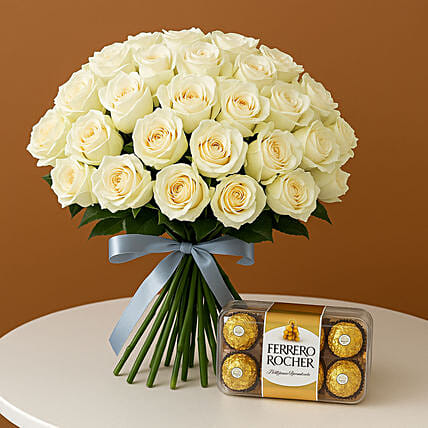 White Roses Bunch and Ferrero Rocher: Birthday Flowers & Chocolates