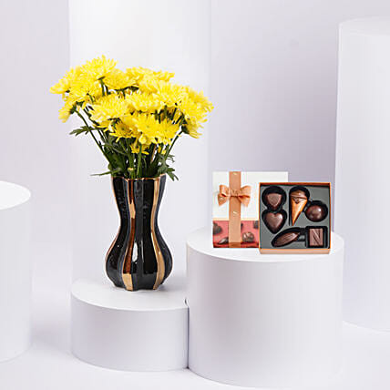 Yellow Chrysanthemums in Premium Vase With Chocolate: Birthday Flowers & Chocolates