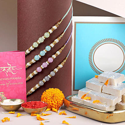 Zen Beadwork Rakhi N Kaju Katli: Set of 4 Rakhi
