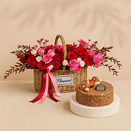 Elegant Roses Basket and Birthday Rocher Cake Combo: Anniversary Combos