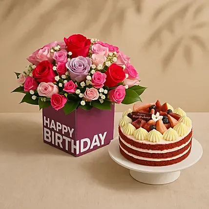 Mixed Flowers With Red Velvet Cake For Birthday: Birthday Flowers & Cakes