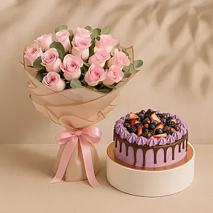 Pink Roses Bouquet With Chocolate Berry Cake: Cake Delivery in Ajman