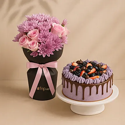 Rose and Chrysanthemum Bouquet with Chocolate Berry Cake: Anniversary Combos