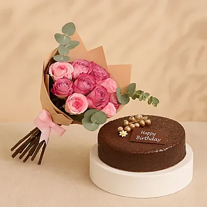 Roses Bouquet with Dark Chocolate Birthday Cake: 