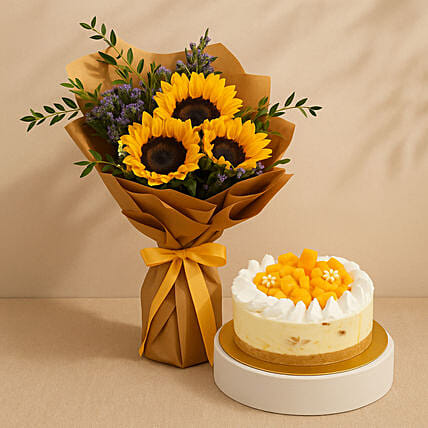 Sunflower Bouquet With Mango Cheese Cake: Gift Set 