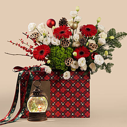 Festive Snow Globe And Flowers Gift Set: Christmas Flowers