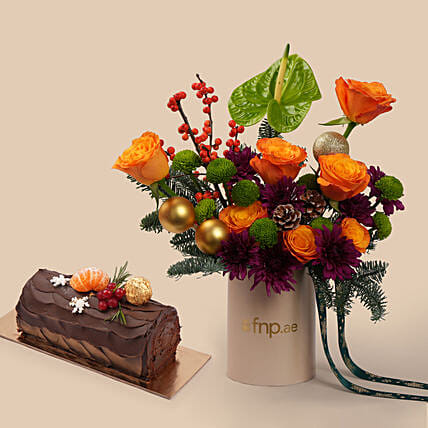 New Year Yule Log Cake and Flower Arrangement: Log Cake
