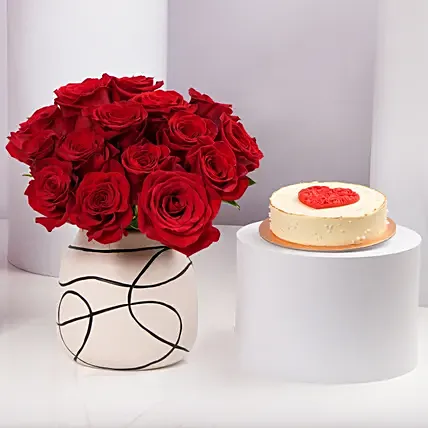 Red Bloom Arrangement And Cake Combo: Valentine's Day Cake