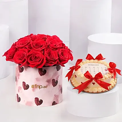 Romantic Red Roses Arrangement With Cake: Valentine's Day Flowers