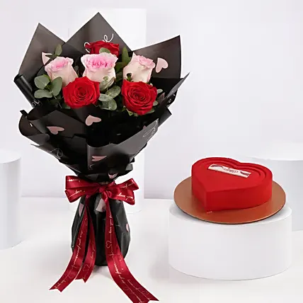 Crimson Rose Bouquet and Heart Cake Combo: Valentines Day Gift Set