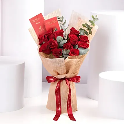 12 Red Roses Valentine Bouquet With Chocolate Bars: Valentines Day Flowers and Chocolates