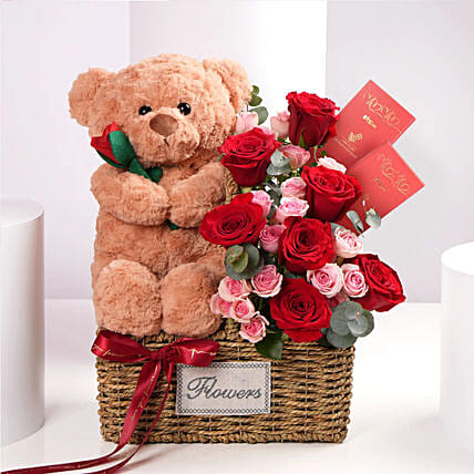 Teddy Bear With Red Roses Basket Arrangement: Gifts 