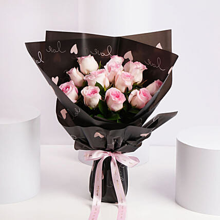 Elegant Pink Rose Bouquet In Black Wrap: All Occasions-gifts