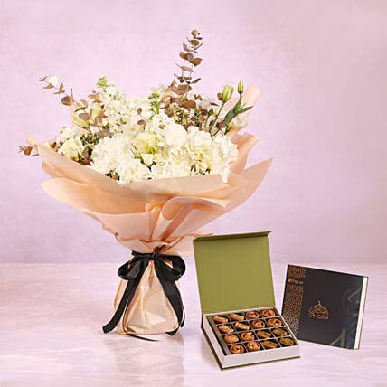 Eid Floral Arrangement With Baklawa Box: Ramadan Flowers 