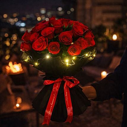 LED Wrapping Rose Elegance Bouquet: Karwa Chauth Flowers 
