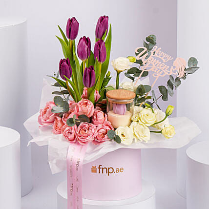 Womens Day Tulips And Roses Box and Candle: Women's Day Flowers