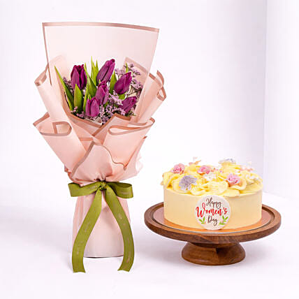 Womens Day Floral Cream Cake And Tulip Bouquet: Women's Day Cakes