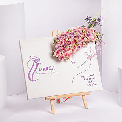 Happy Womens Day Canvas With Pink Roses: Women's Day Flowers