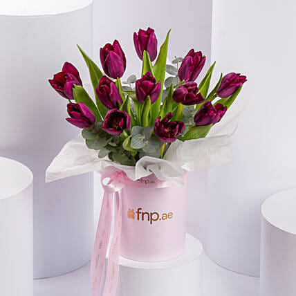 Luxury Purple Tulips In Pink Box: Women's Day Gifts