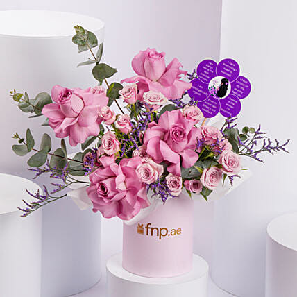 Premium Purple Rose Arrangement With Affirmation Topper: Women's Day Gifts