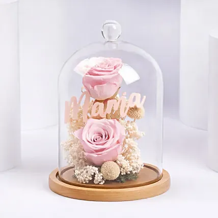 Preserved Pink Roses In Glass Dome For Mom: Mother's Day Gifts