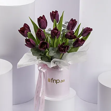 Luxury Purple Tulips In Pink Box: Women's Day Gifts