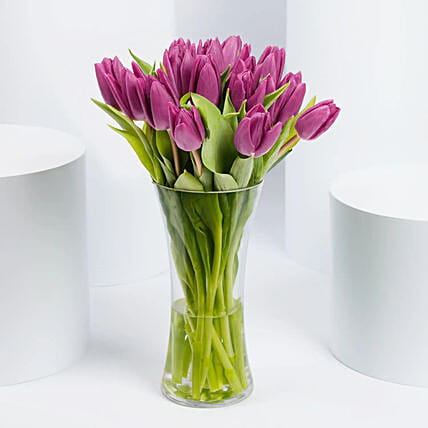 Purple Tulips in Glass Vase: Gifts Delivery Abu Dhabi