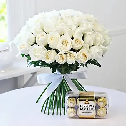 White Roses Bunch and Ferrero Rocher: White Flower Bouquets