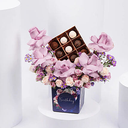 Birthday flowers with Premium Belgian Chocolates: One Hour Delivery Combos