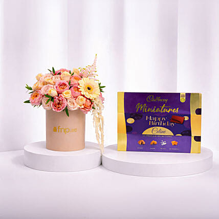 Peach And Pink Roses Luxury Flower Box With Cadbury Chocolates 200g: Cadbury Chocolates
