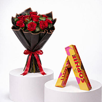 Romantic 9 Red Roses Classic Bouquet With Toblerone Chocolates: Customized Chocolate Box