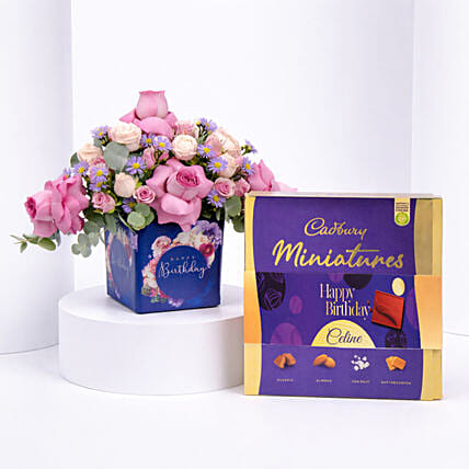 Birthday Rose Arrangement With Cadbury Chocolates 400g: 