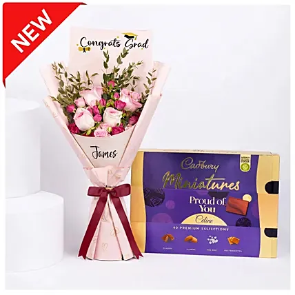 Elegant Flower Arrangement in a Black Box With Cadbury Chocolates 200g: Graduation Gifts