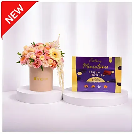 Peach And Pink Roses Luxury Flower Box With Cadbury Chocolates 200g: Flowers N Personalised Gifts 