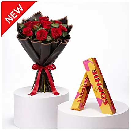 Romantic 9 Red Roses Classic Bouquet With Toblerone Chocolates: Flowers N Personalised Gifts 