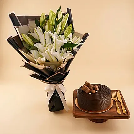 White Lily Bouquet And Cake Combo: Graduation Gifts