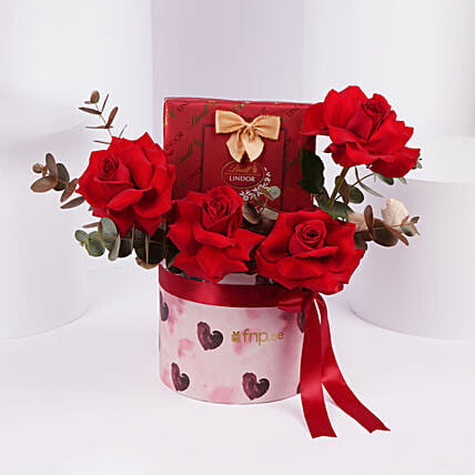 Romantic Red Rose and Lindt Chocolate Heart Box: Flower Box Bouquet