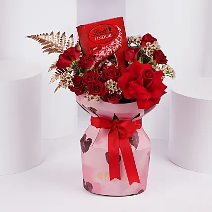 Romantic Red Rose Bouquet with Lindt Chocolates: Gifts 