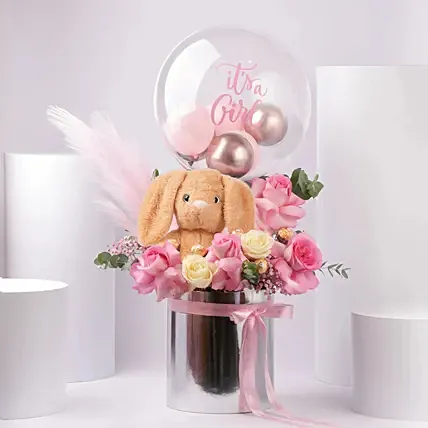 New Born Girl Bloom Hug Box: Flowers and Balloons