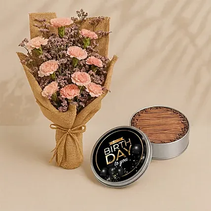 Charming Pink Carnations With Happy Birthday Cake In Tin Box: Birthday Flowers & Cakes
