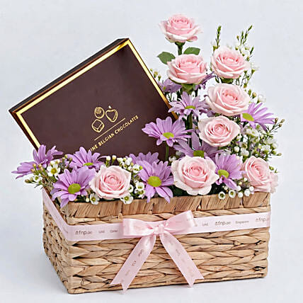 Pink Floral And Chocolate Gift Basket For Mom: Mother's Day Flowers